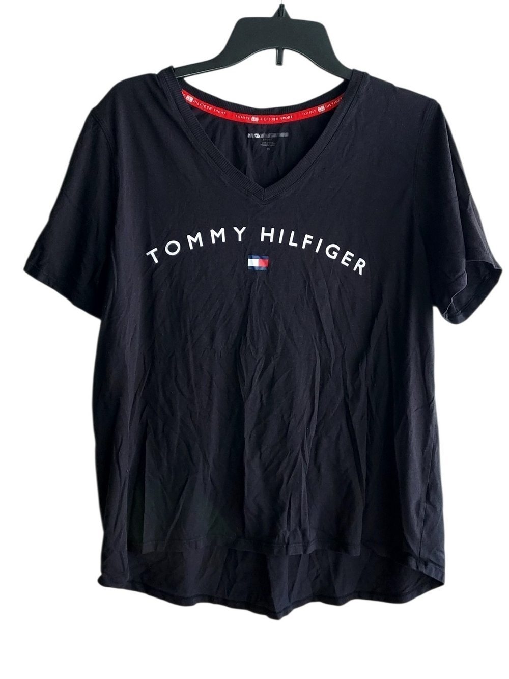 Tommy Hilfiger Black V-Neck Logo Tee with Signature Flag
